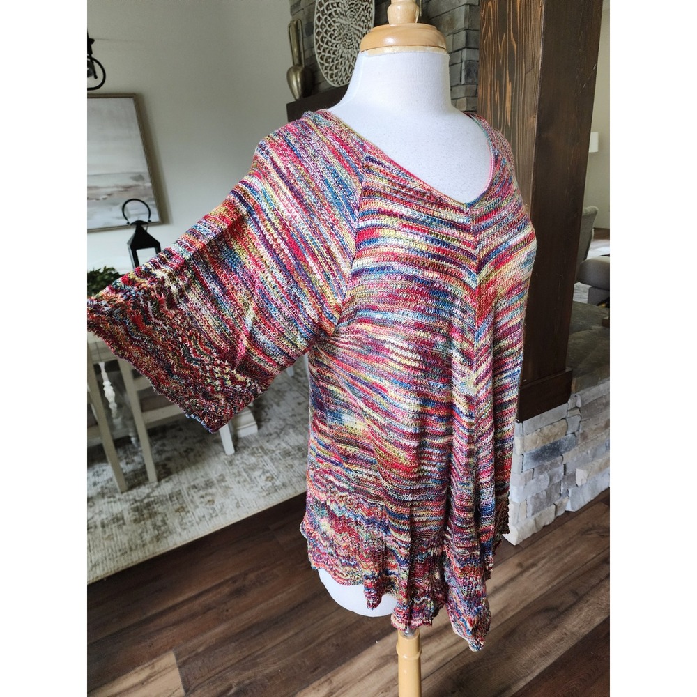 Y2K Multicolor Space Dye V-Neck Tunic Sweater Short Sleeve Asymmetrical Hem Knit